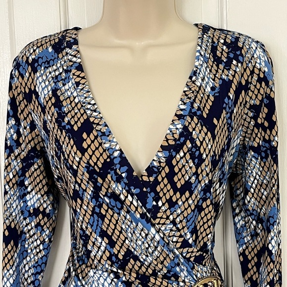 Cache Blue Tan Snake Print Faux Wrap Stretch Jersey Gold Buckle Dress Size M - Picture 2 of 13
